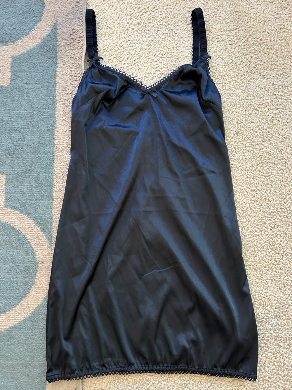 For Love And Lemons Black Satin Slip Mini with Lace Trim and Ruffled Straps